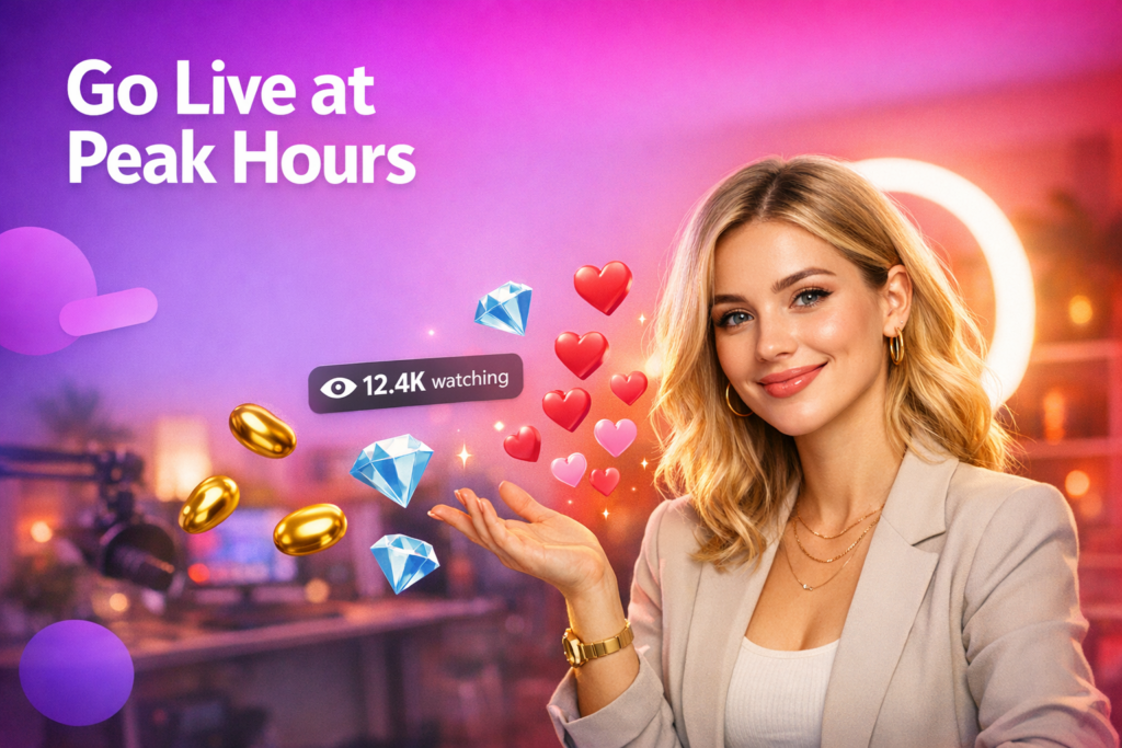 A blonde creator in a warm home studio with floating hearts and a viewer counter highlights the best time to go live on Chamet for a chamet hostess across timezones.