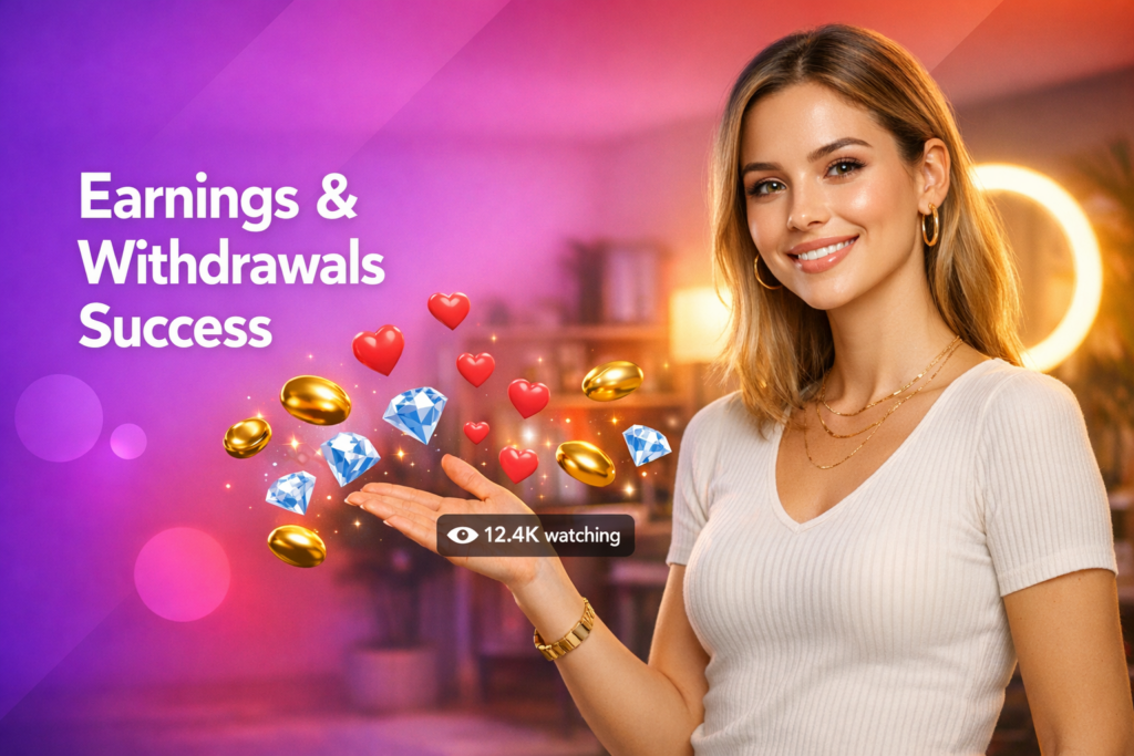 A young creator in a modern home studio gestures to floating beans, diamonds, and a payout UI while explaining a chamet beans to cash withdrawal guide for chamet hostess earnings with a $10 minimum via Metwallet.