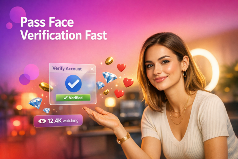 A confident young creator in a cozy home studio explains the chamet face verification process for chamet hostess eligibility with floating live-stream icons.