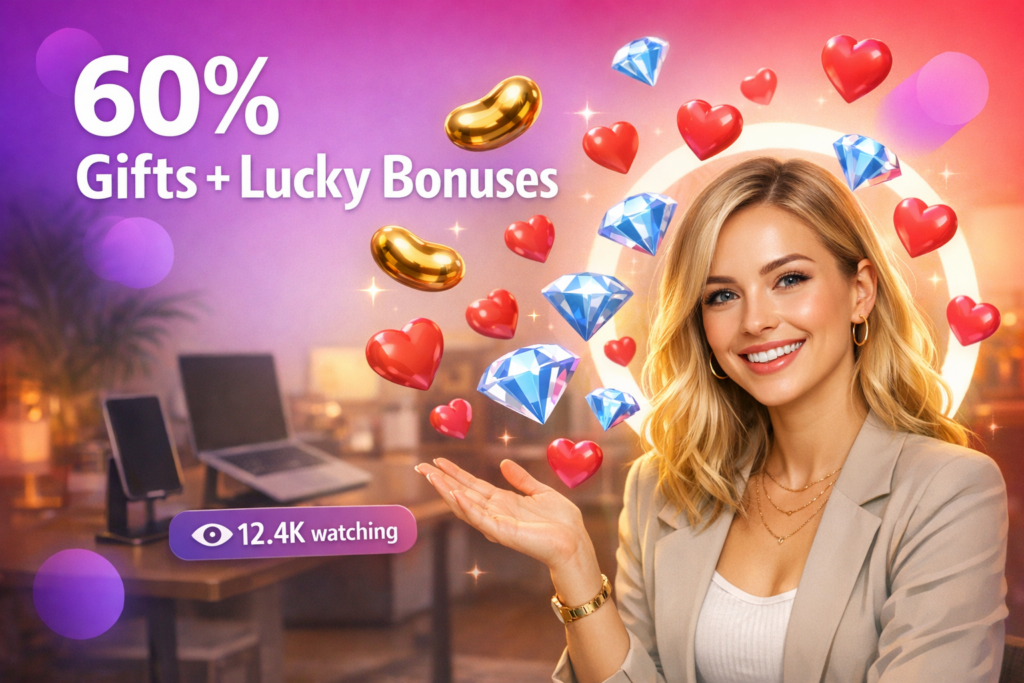 A young creator in a modern home studio celebrates chamet gifts and bonus earnings with floating beans, diamonds, and a live viewer counter while explaining lucky gift rules for a chamet hostess.