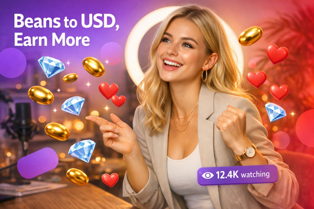 A smiling chamet hostess celebrates her earnings in a warm home-studio while floating beans, diamonds, and a viewer counter suggest a live-stream income calculator vibe.