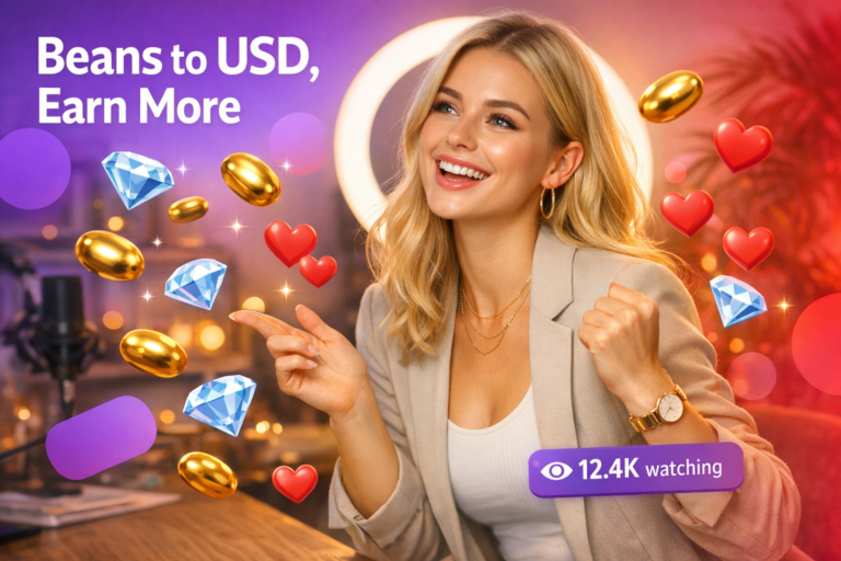A smiling chamet hostess celebrates her earnings in a warm home-studio while floating beans, diamonds, and a viewer counter suggest a live-stream income calculator vibe.