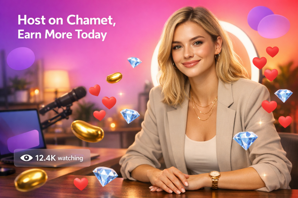 A young creator in a warm home studio with floating live-stream icons illustrates a chamet official platform overview for hostesses and how a chamet hostess can reach global users and earn through structured rewards.