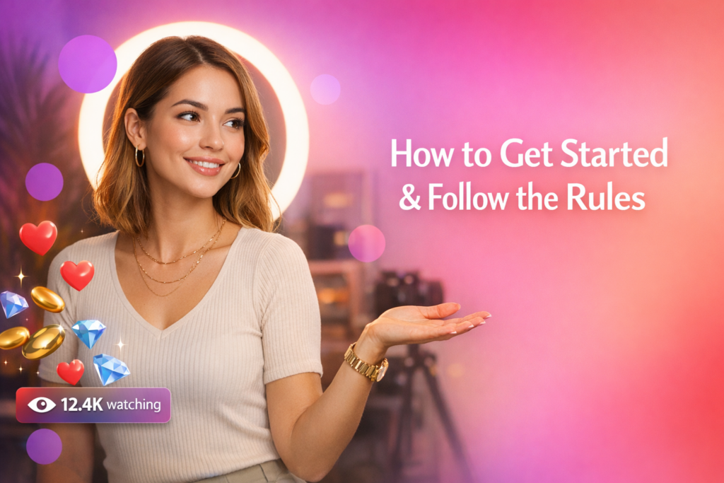 A confident young creator in a warm home studio with ring light and floating live-stream icons illustrating chamet hostess requirements and rules.