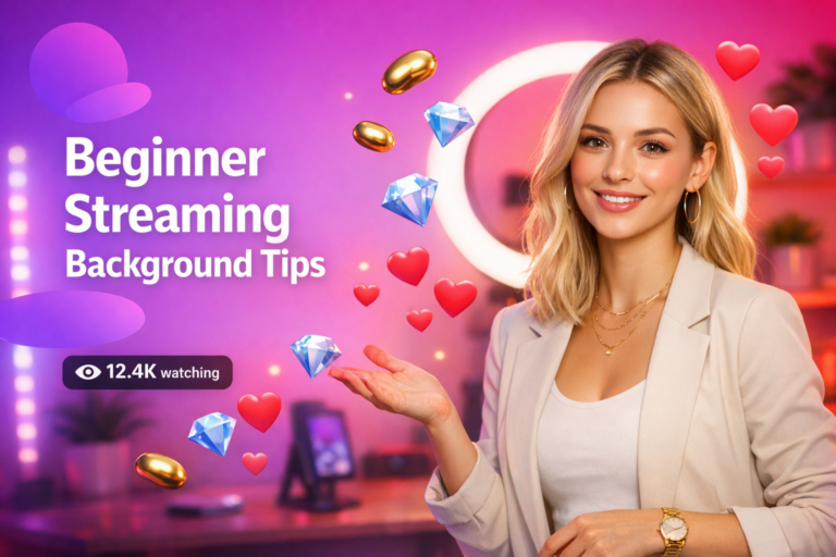 A confident young creator in a warm home studio with a ring light and floating live icons demonstrates chamet live streaming tips for beginners, including simple background setup ideas.