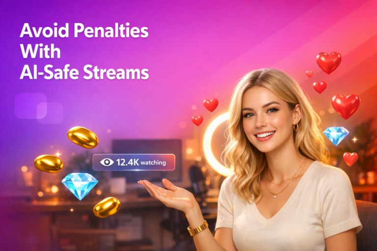 A blonde creator streams from a modern home studio with floating hearts and a viewer counter, illustrating chamet live streaming guidelines and how a chamet hostess can avoid AI penalties.