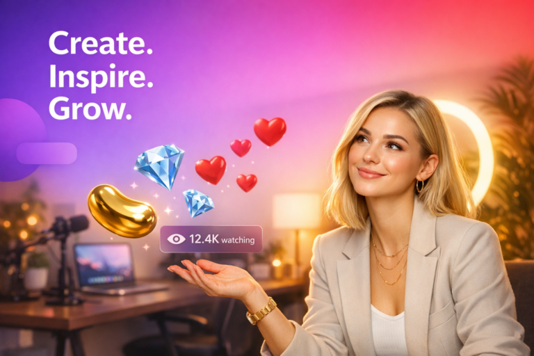 A young creator in a modern home studio gestures to floating app-style icons while explaining chamet metwallet account setup for chamet hostess registration and secure withdrawals.