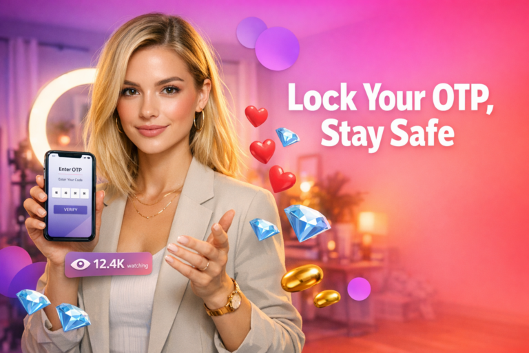 A confident creator in a warm home studio explains chamet account safety tips for hostesses with OTP protection, secure logins, and scam awareness on her phone.