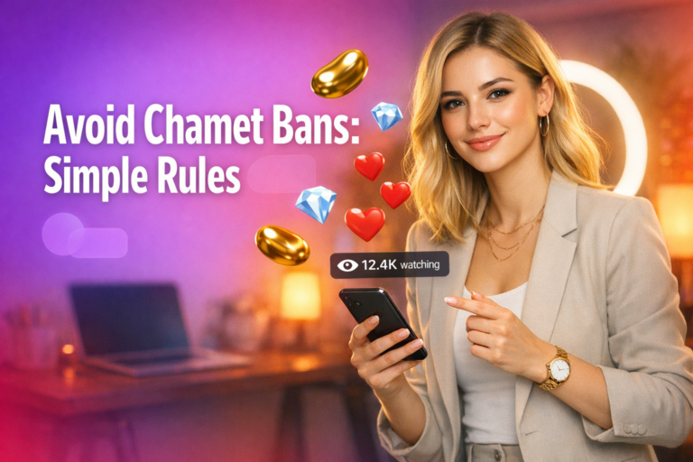 A confident chamet hostess in a modern home studio gestures toward floating live-stream icons while a headline warns about penalties and avoiding bans.