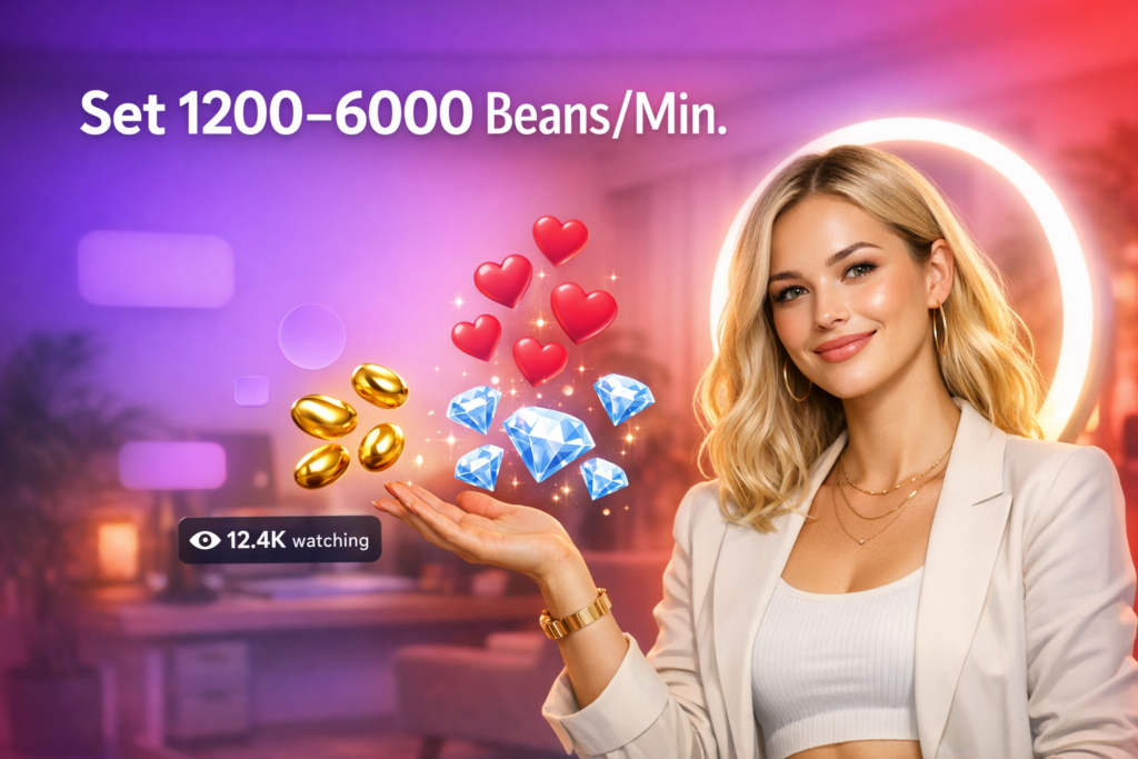 A young blonde creator in a cozy home studio gestures at floating beans and a viewer counter while explaining a chamet private call pricing strategy for chamet hostess earnings.