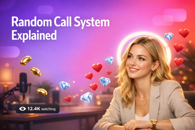 A confident creator in a modern home studio explains the chamet random call system with floating beans, diamonds, and a viewer counter for chamet hostess tips.