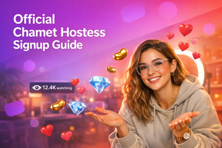 A young digital creator in a cozy home studio smiles beside floating live-stream icons, illustrating an official chamet hostess signup for the Chamet video call earning platform.