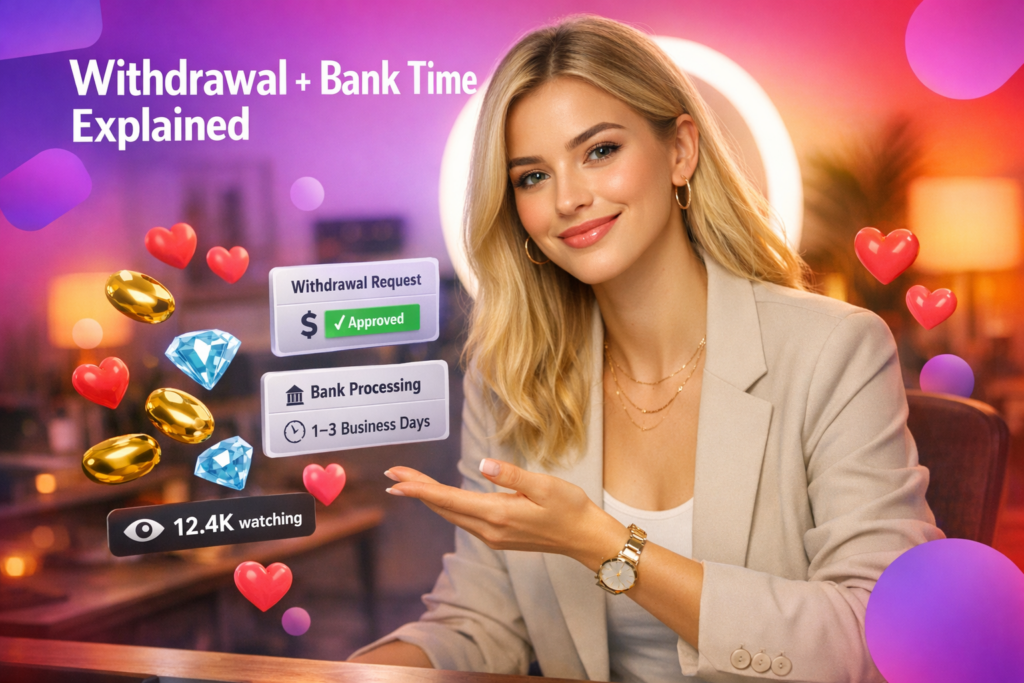 A confident creator in a warm home studio gestures to floating app-style icons while a guide explains chamet hostess withdrawal rules and bank processing time.