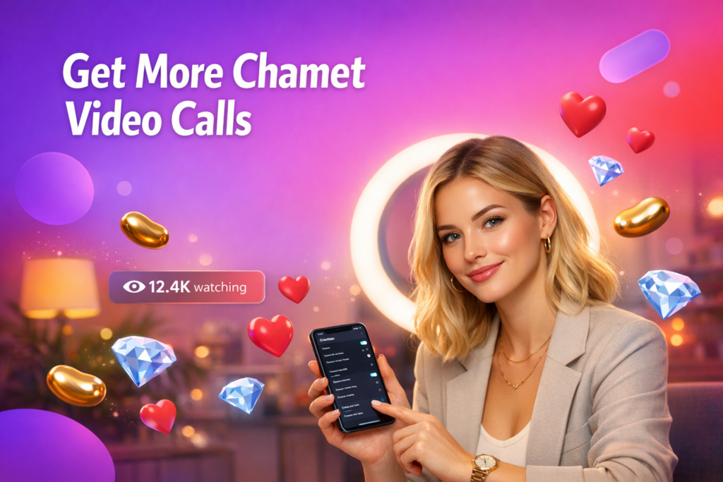 A confident creator in a modern home studio shows phone settings with floating hearts, beans, and a viewer counter to illustrate how to get more video calls on Chamet as a chamet hostess.