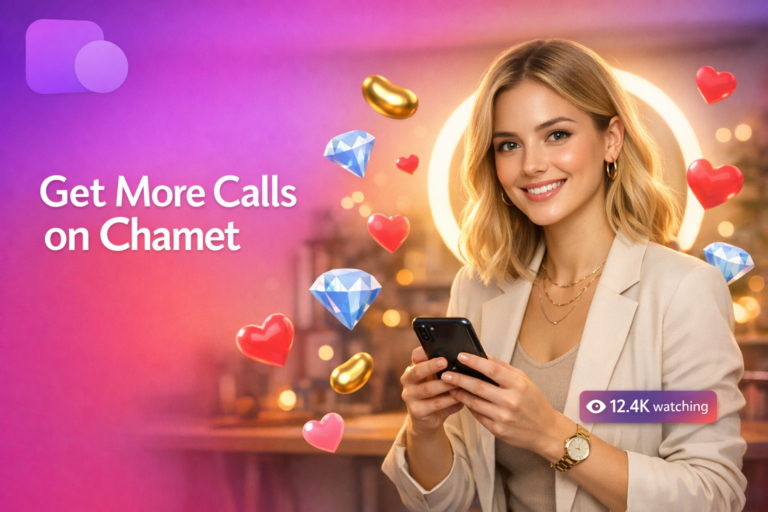 A confident chamet hostess creator in a warm home studio adjusts her cover photo while hearts, beans, and a live viewer counter float beside her.