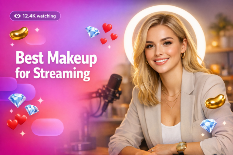 A blonde creator in a modern home studio shares best makeup for Chamet streaming with ring light glow, floating hearts and a viewer counter, like a chamet hostess on live video.