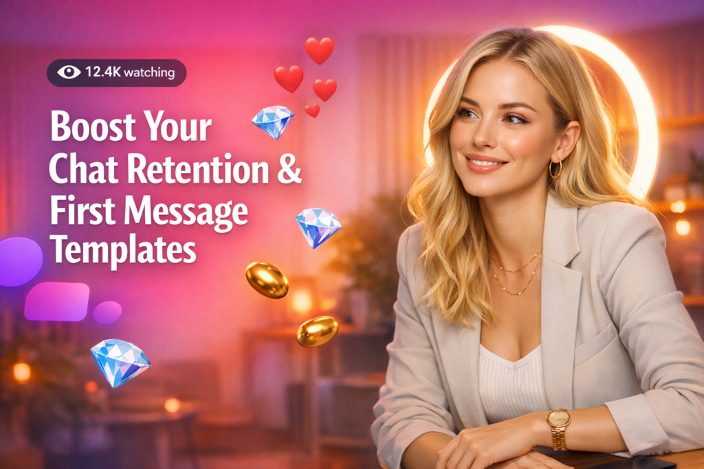 A blonde digital creator in a warm home studio with floating hearts and viewer counter, promoting Chamet conversation icebreakers for better chat retention as a chamet hostess.