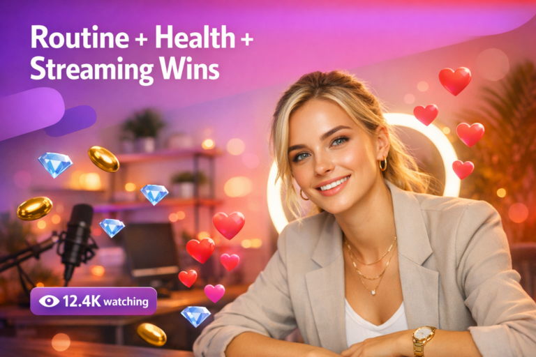A chic young creator in a warm home studio shares a chamet hostess daily routine with planning, health habits, and live-streaming tips, surrounded by floating hearts and a viewer counter.