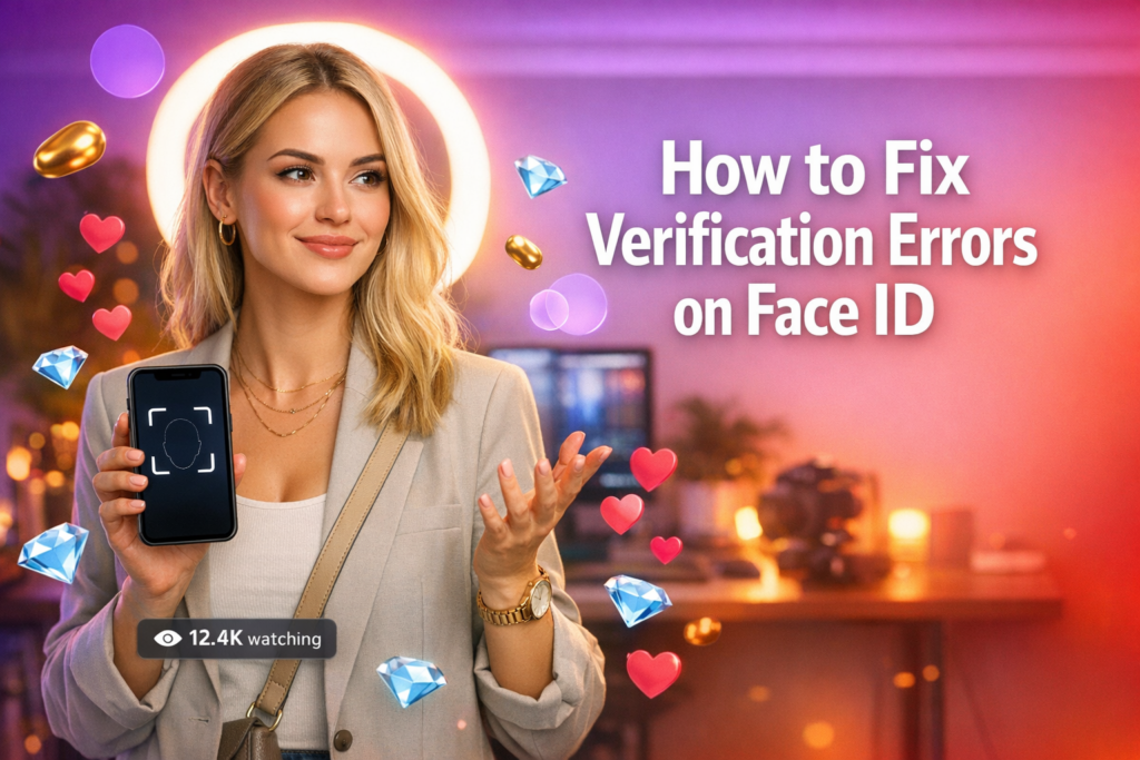 A confident chamet hostess creator poses in a modern home studio holding a phone with a face scan screen, surrounded by floating hearts and viewer counter graphics, with tips for fixing face verification errors fast.