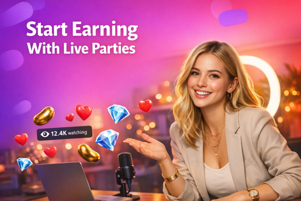 A young blonde creator in a modern home studio smiles mid-stream with floating hearts, beans, diamonds, and a viewer counter, illustrating a Chamet Live Party host guide for chamet hostess earnings.