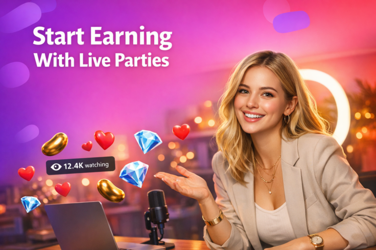 A young blonde creator in a modern home studio smiles mid-stream with floating hearts, beans, diamonds, and a viewer counter, illustrating a Chamet Live Party host guide for chamet hostess earnings.