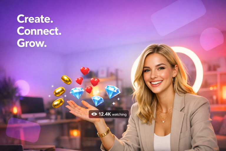 A confident streamer in a warm home studio celebrates a duo live win with floating beans, diamonds, hearts, and a viewer counter—perfect for chamet hostess PK battle tips.