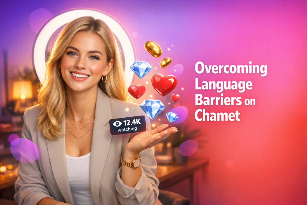A tech-savvy chamet hostess smiles in a warm home studio with floating hearts and a viewer counter, highlighting tips to handle language barriers during global chats.