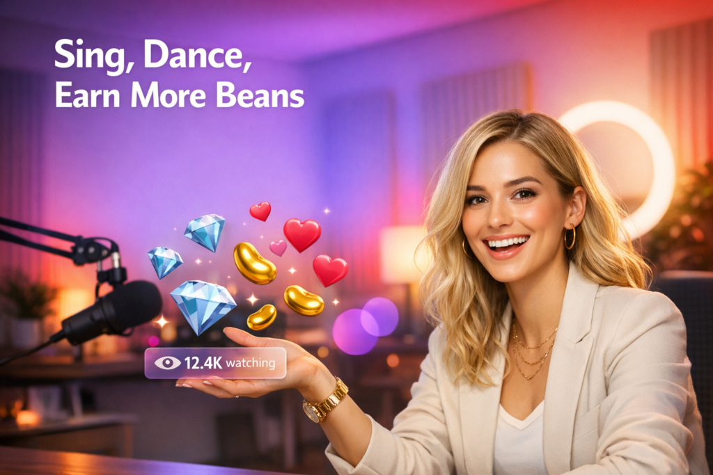 A blonde creator in a warm home studio goes live on Chamet with floating beans, hearts, and a viewer counter, showing how a chamet hostess can entertain guests by singing and dancing to earn beans.
