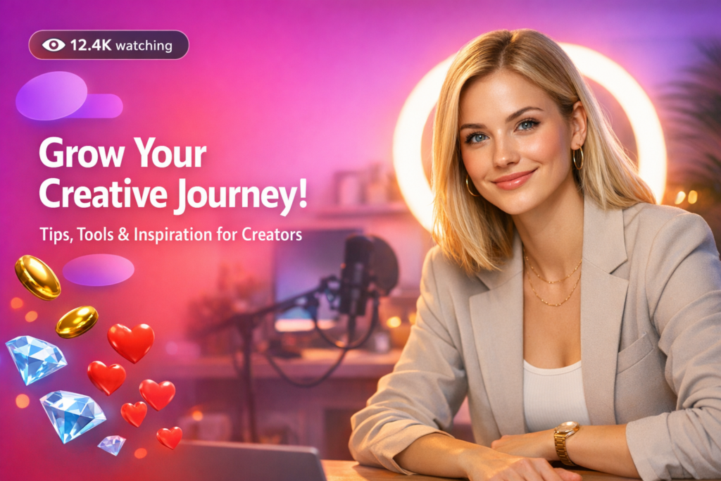 A blonde creator in a warm home studio celebrates live-stream rewards with floating beans, diamonds, and hearts, illustrating tips for getting more gifts on Chamet and completing chamet hostess registration.