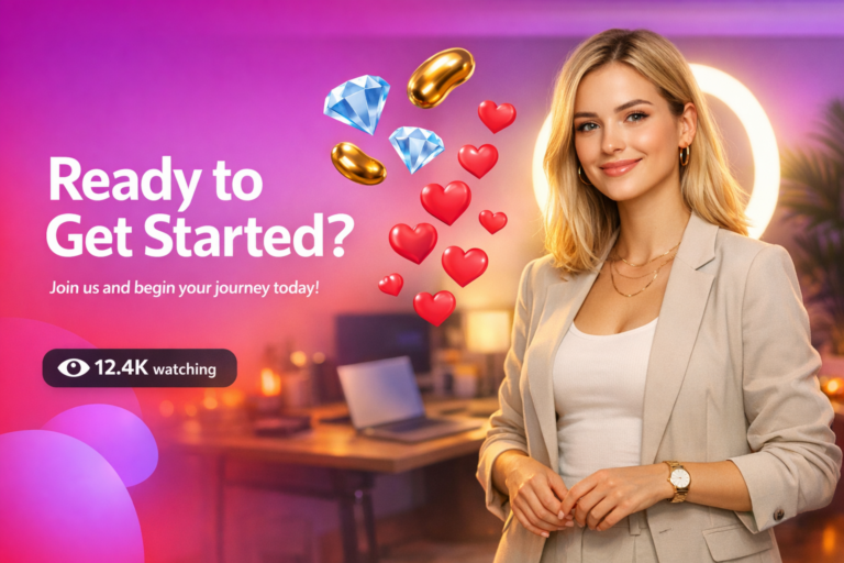 A young creator in a modern home studio celebrates the steps for transitioning from chamet hostess to agent, with floating live-stream icons and a viewer counter.