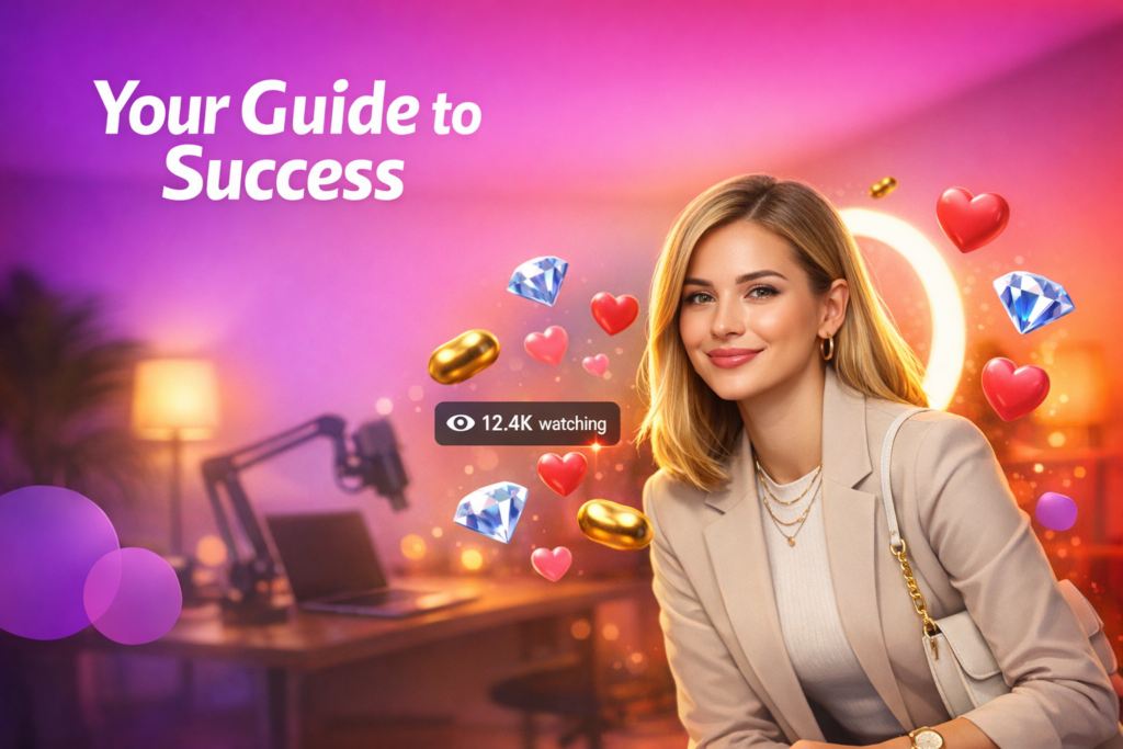 A stylish creator in a modern home studio demonstrates a chamet hostess dress code look with modest, professional styling and friendly live-stream UI elements.