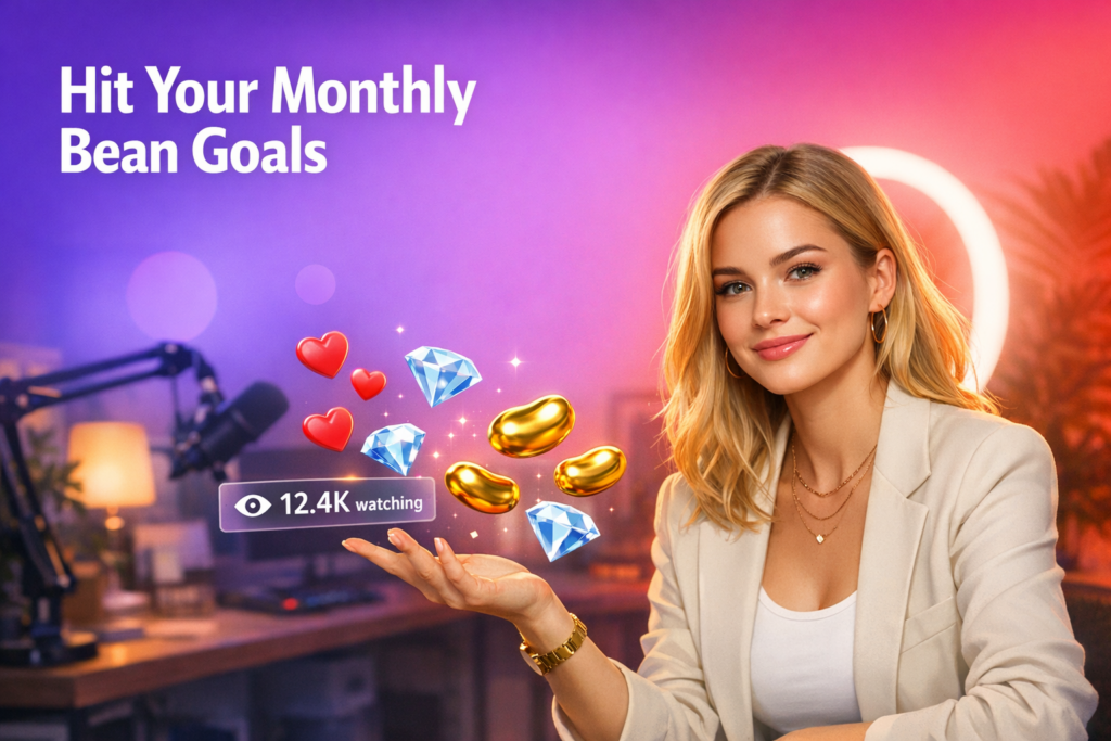 A confident creator in a warm home studio gestures to floating beans and rank-style UI elements as she explains chamet hostess levels and monthly goals.