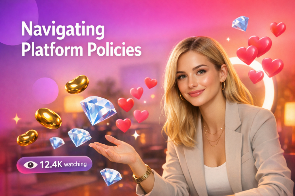 A confident creator in a modern home studio with floating live-stream icons, illustrating chamet hostess rules, common violations, and the ban appeal process.