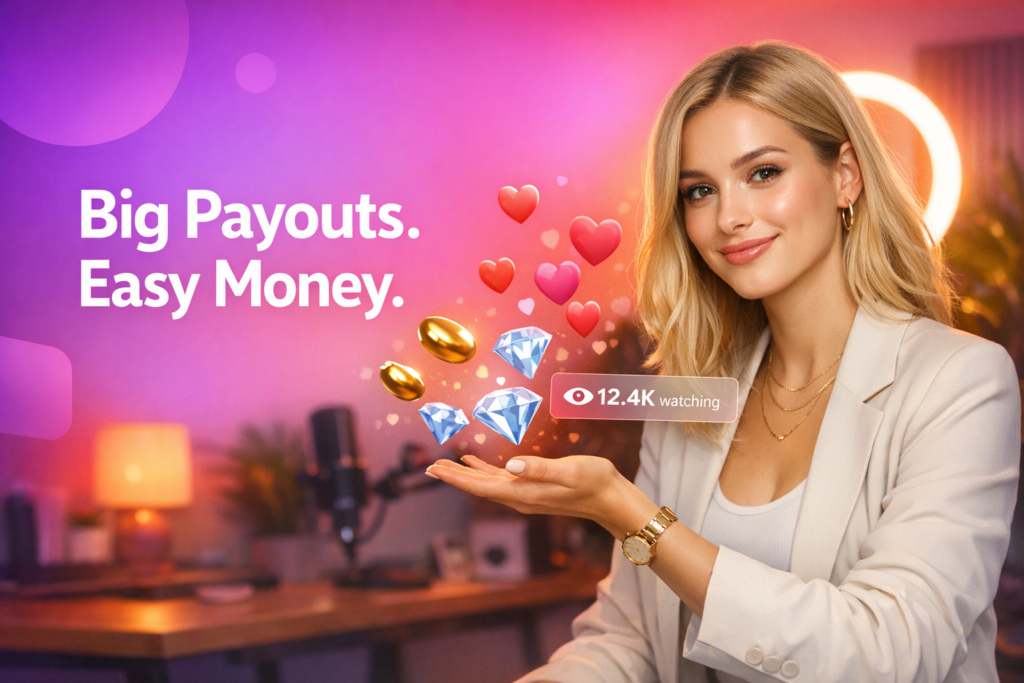 A blonde creator in a warm home studio gestures to floating beans and a payout UI while explaining Chamet withdrawal to Metwallet for a chamet hostess.