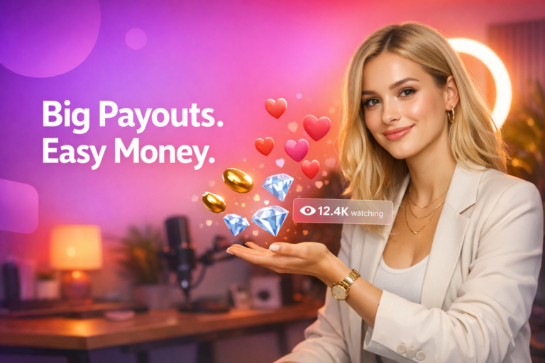 A blonde creator in a warm home studio gestures to floating beans and a payout UI while explaining Chamet withdrawal to Metwallet for a chamet hostess.