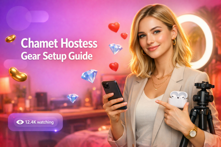 A tech-savvy creator in a modern home studio shows essential equipment for a chamet hostess, including earphones, a stable tripod, and fast internet for smooth live streaming.