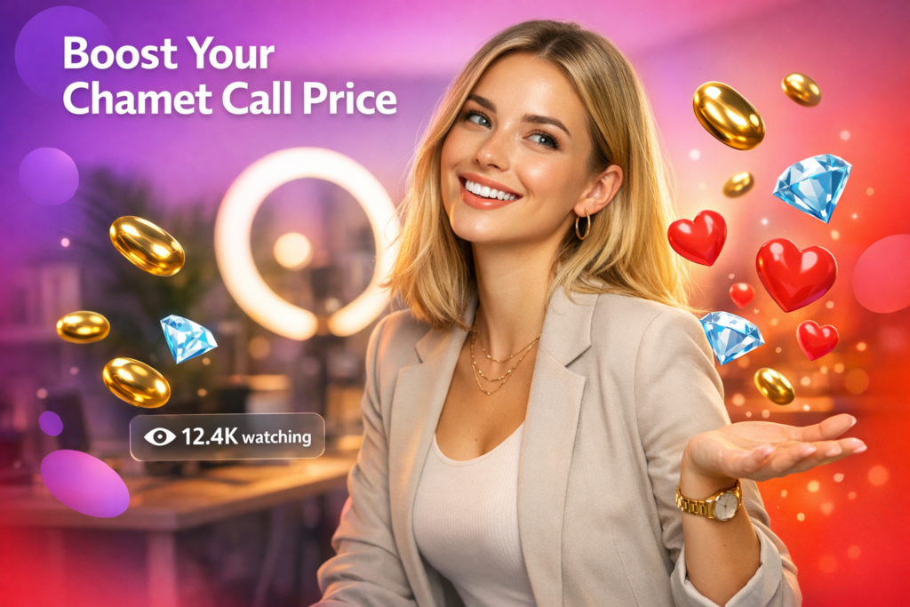 A confident young creator in a warm home studio celebrates increasing your Chamet call price, with floating beans, hearts, and a live viewer counter alongside a chamet hostess earnings theme.