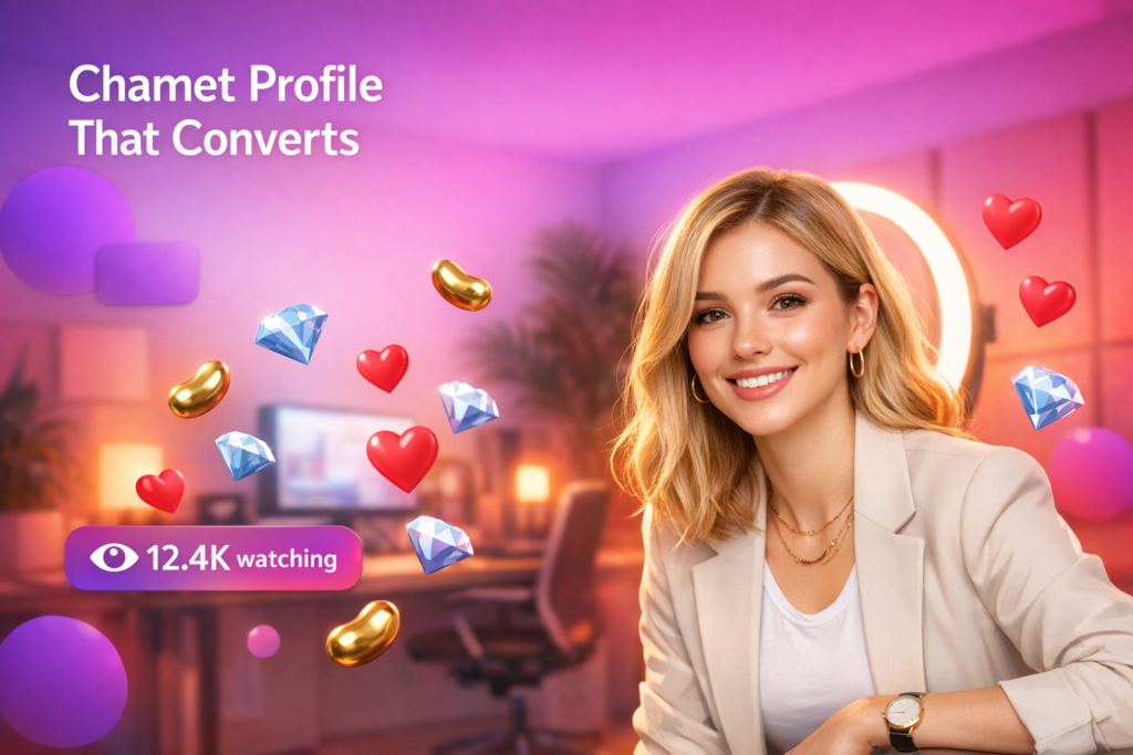 A confident creator in a warm home studio sets up photos and an intro video for a chamet hostess profile while hearts and gift icons float on screen.