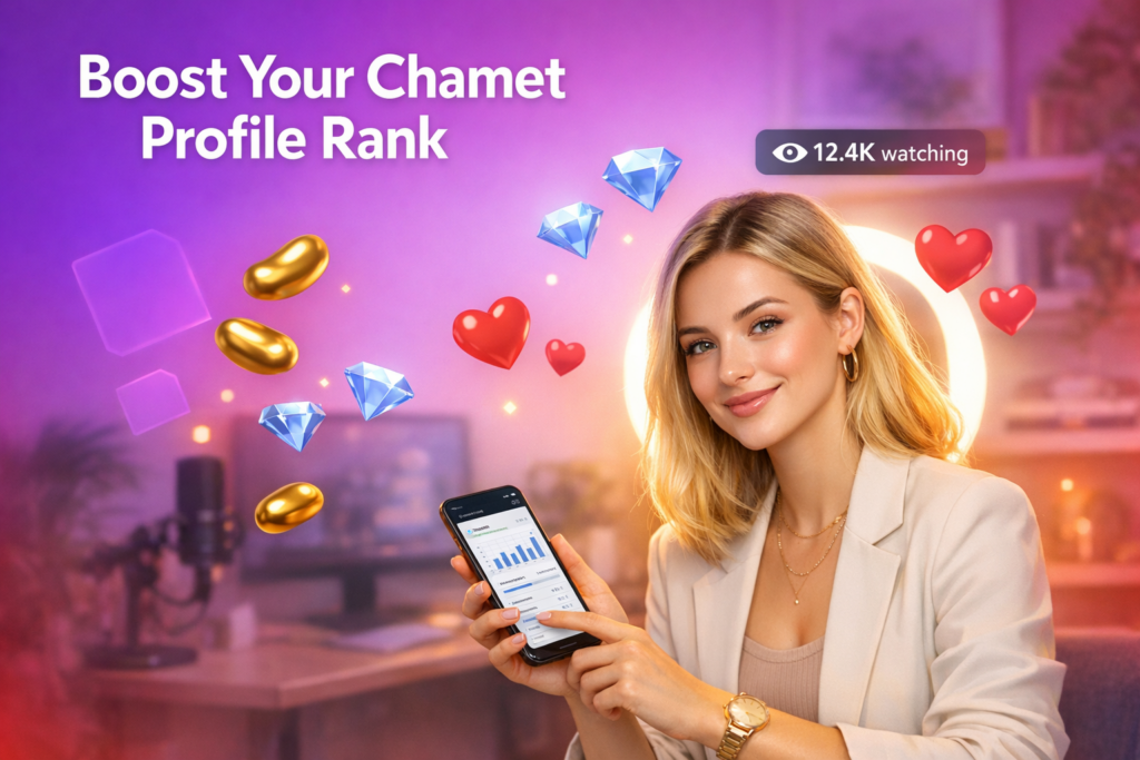 A confident creator in a warm home studio explains how the Chamet algorithm can improve visibility and ranking for a chamet hostess.