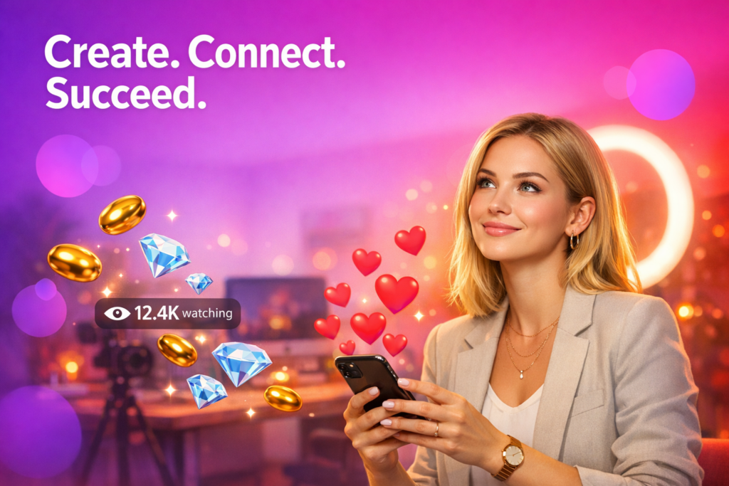 A blonde digital creator in a warm home studio uses Chamet greeting words on her phone, with floating hearts and a live viewer counter like a chamet hostess intro screen.