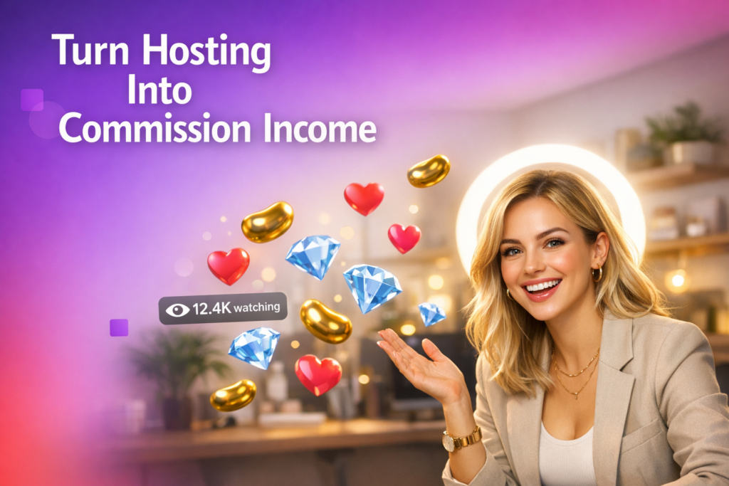 A joyful young creator in a modern home studio celebrates earnings while explaining how a chamet hostess can become an agent and earn commission.