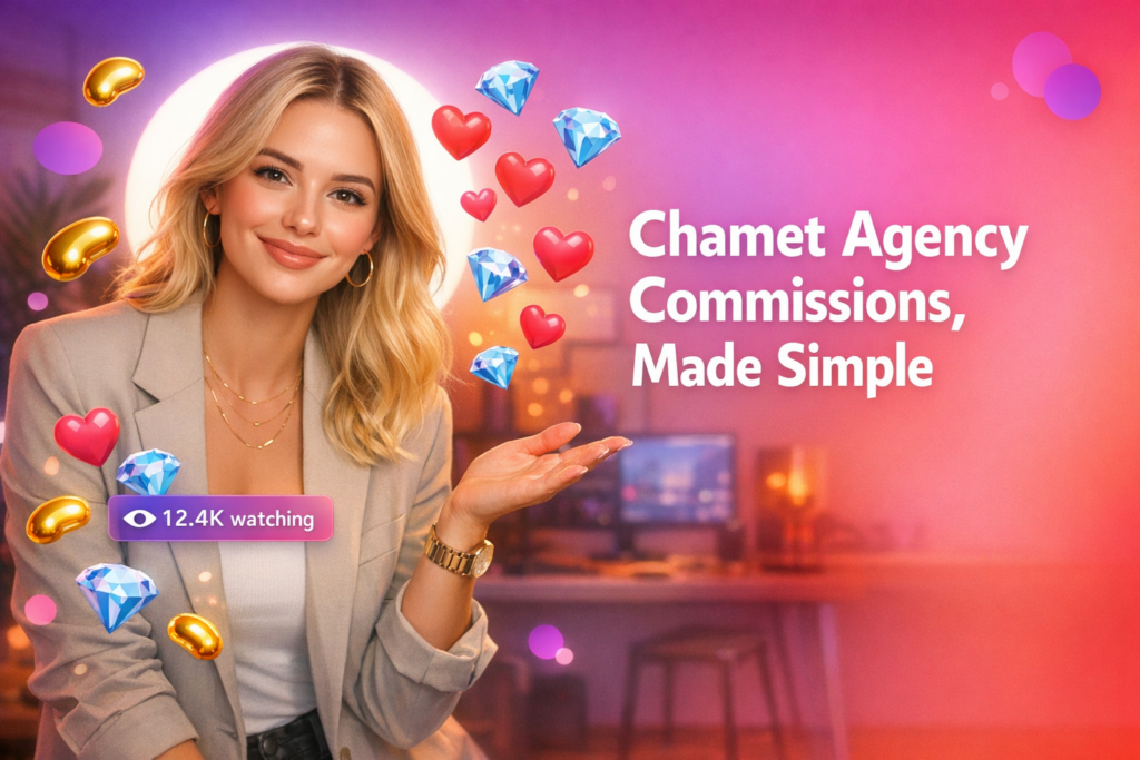 A young blonde creator in a warm home studio explains Chamet agency multi level commission with floating beans, diamonds, hearts, and a live viewer counter, like a chamet hostess guide.
