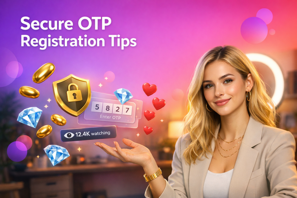 A confident young creator in a modern home studio points to floating OTP and privacy icons, sharing chamet hostess security tips for safer registration.
