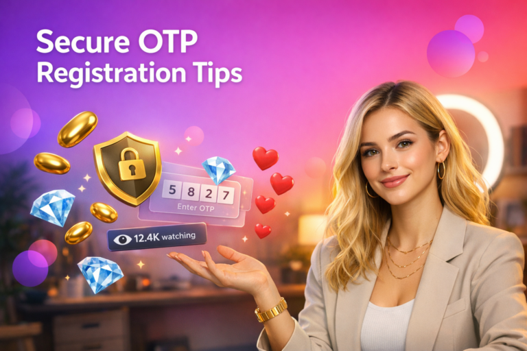 A confident young creator in a modern home studio points to floating OTP and privacy icons, sharing chamet hostess security tips for safer registration.