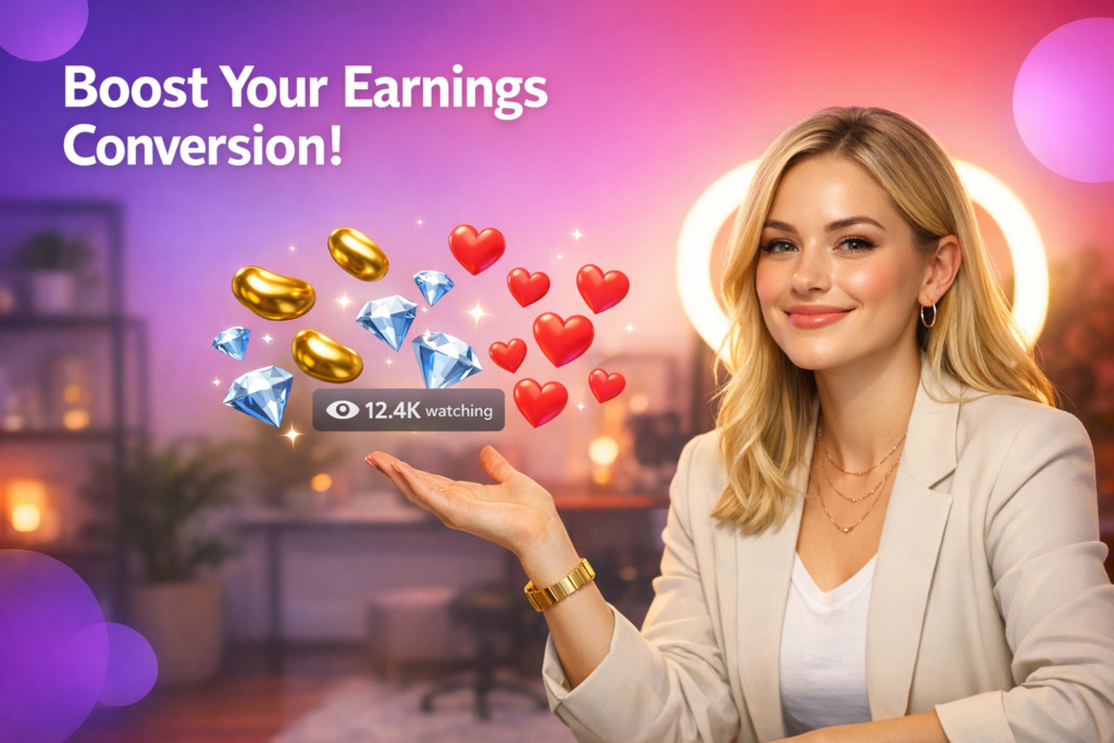 A young creator in a warm home studio gestures to floating beans, diamonds, and a live viewer counter while explaining chamet hostess earnings conversion.