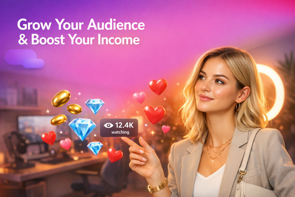 A tech-savvy creator in a modern home studio uses Chamet app regional filters with floating beans, diamonds, hearts, and a viewer counter while setting up as a chamet hostess.