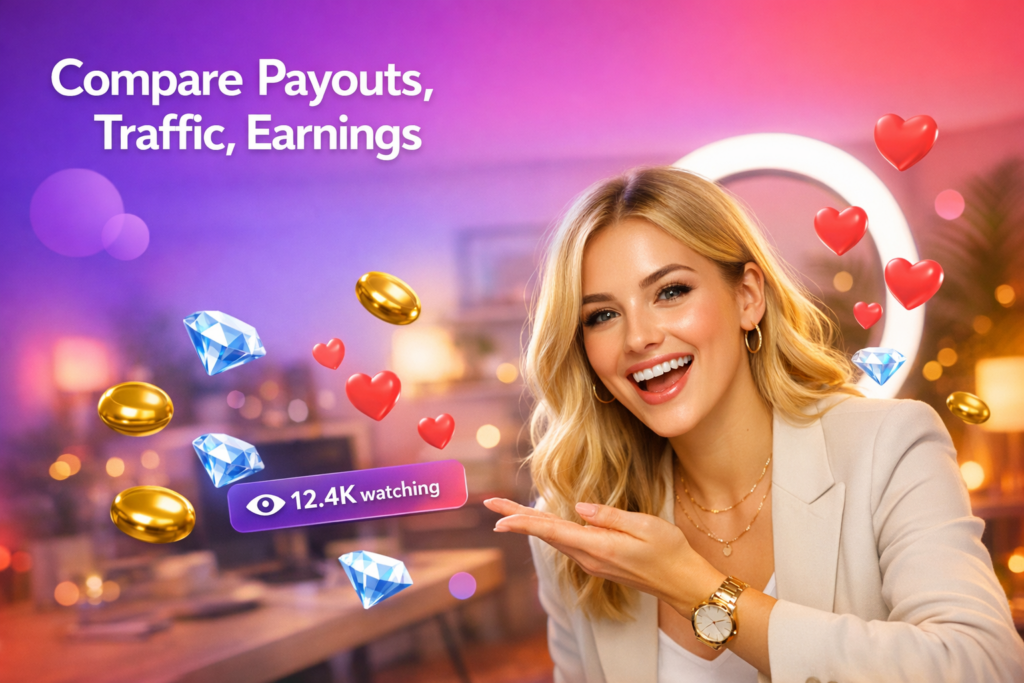 A young creator in a warm home studio celebrates streaming income results with floating beans, hearts, and a viewer counter while comparing Chamet vs other streaming apps, ideal for a chamet hostess evaluating payouts and traffic.
