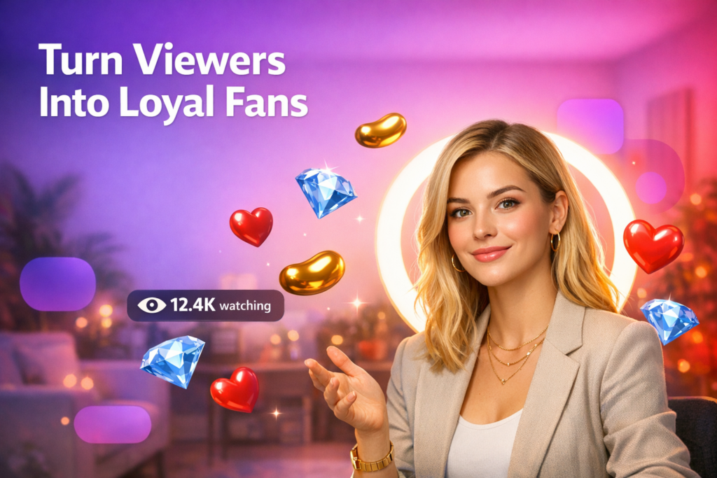 A confident blonde creator in a warm home studio smiles at the camera with floating hearts, beans, and a viewer counter, sharing tips for engaging male users on Chamet as a chamet hostess.