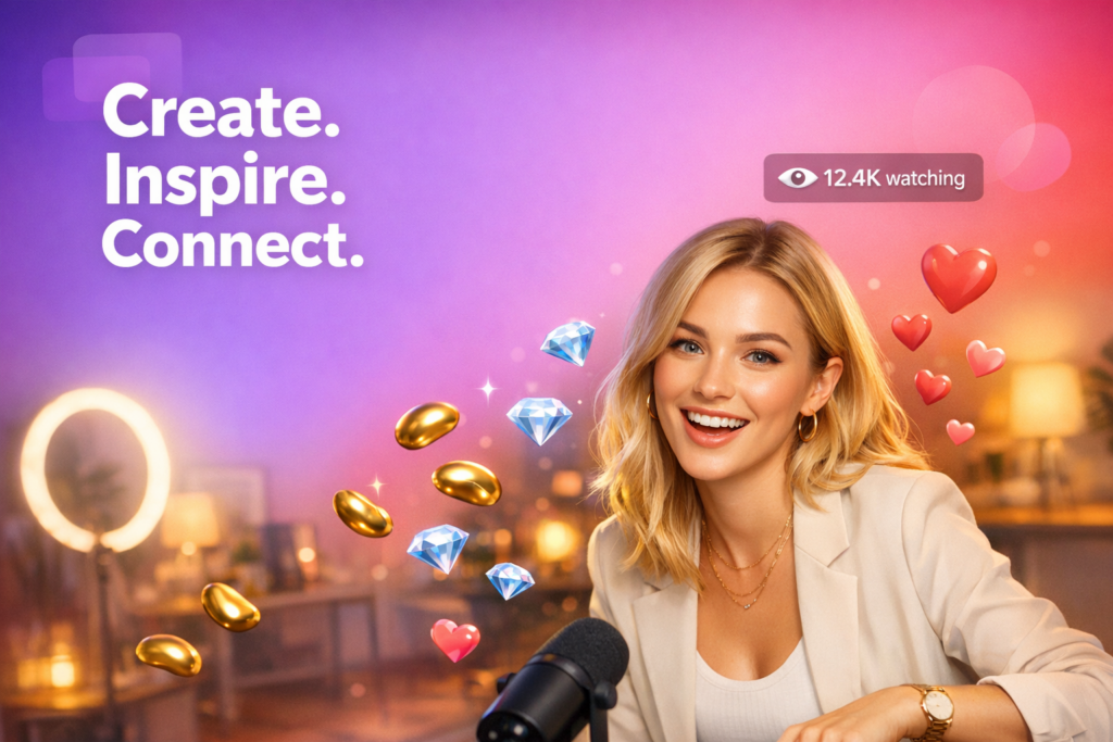 A young blonde creator hosts a solo stream in a cozy home studio with floating hearts and a viewer counter, showing how a chamet hostess can attract viewers and start earning.