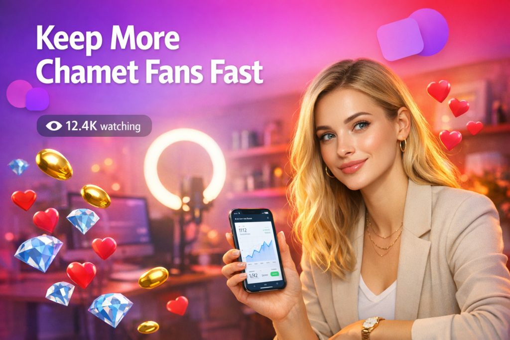 A young creator in a modern home studio reviews follower alerts and retention stats, showing tips for managing your Chamet followers as a chamet hostess.